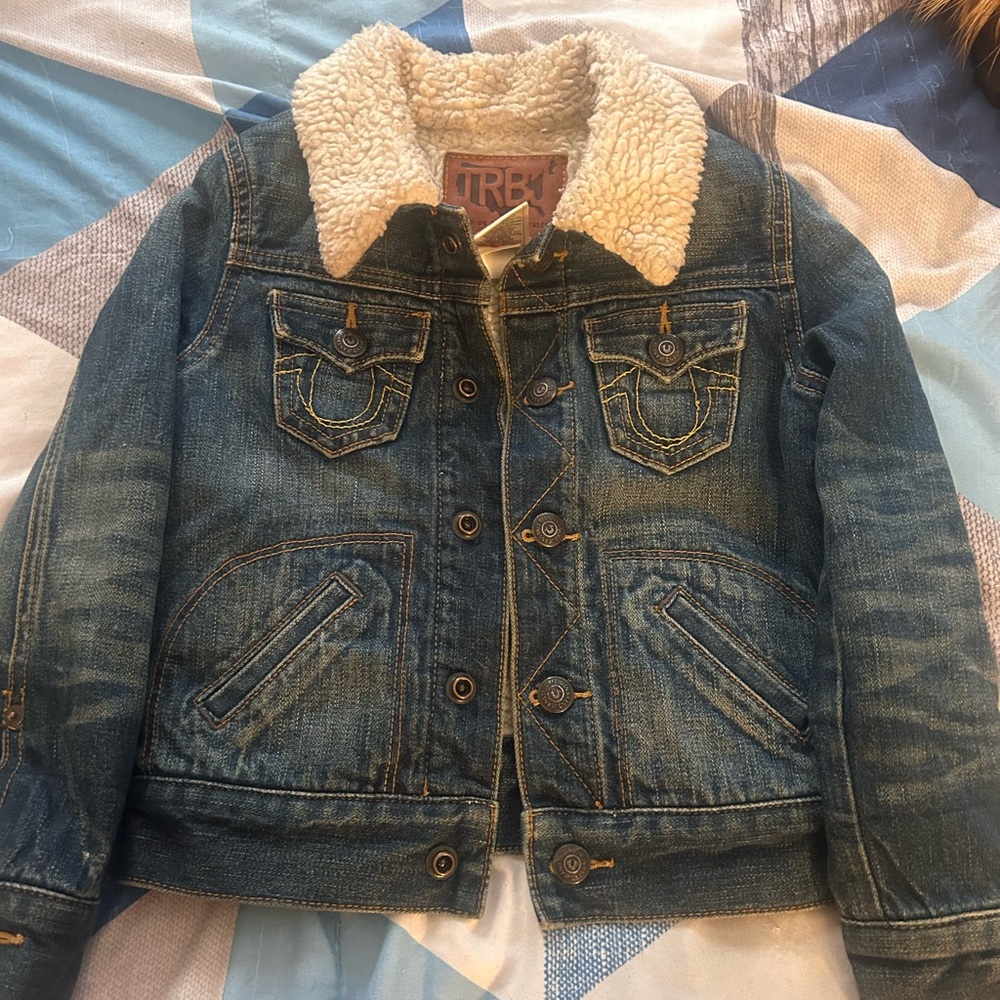 True Religion Kids Blue Denim Jacket with Cream Sherpa Collar